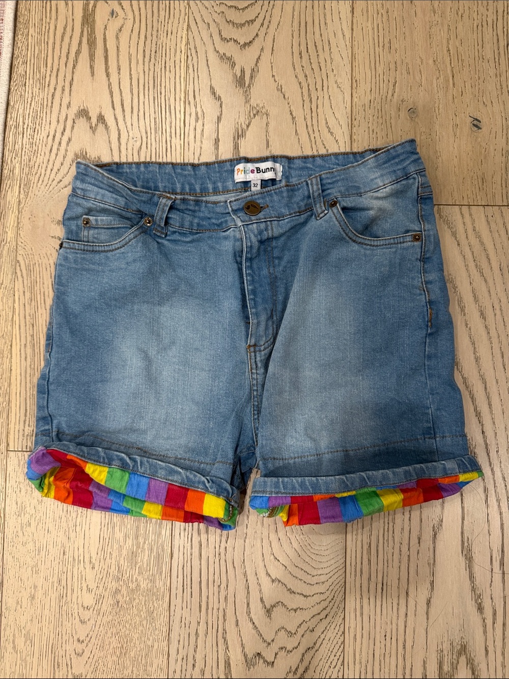 Light Wash Denim Shorts with Rainbow Cuff Trim